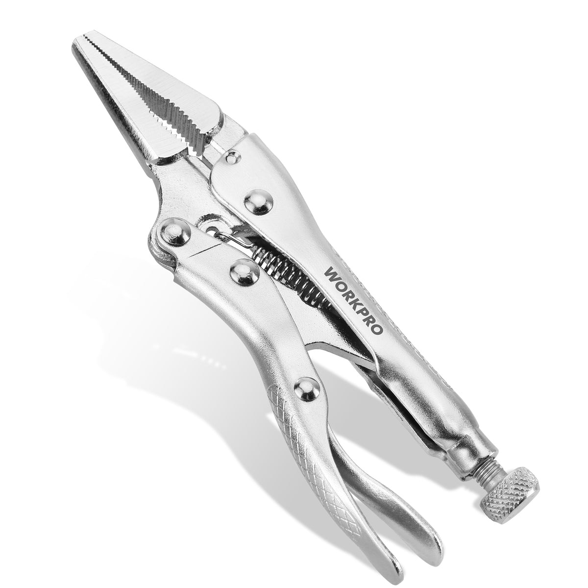 Workpro 4-1/2 inch mini long nose locking pliers in silver with serrated jaws, shown on a white background.