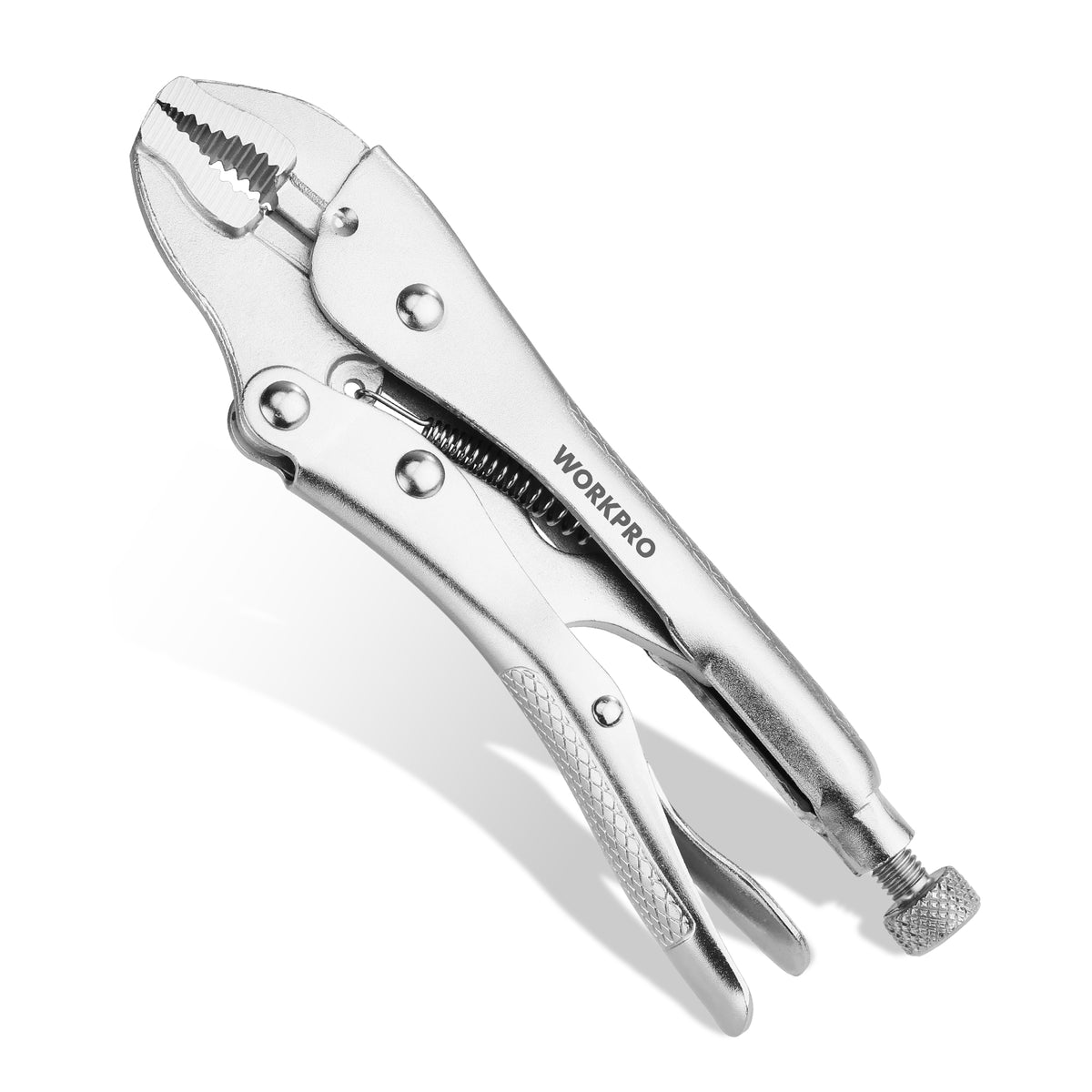 Workpro 4 inch mini locking pliers with curved jaw and wire cutter in polished silver with adjustment screw and serrated jaws