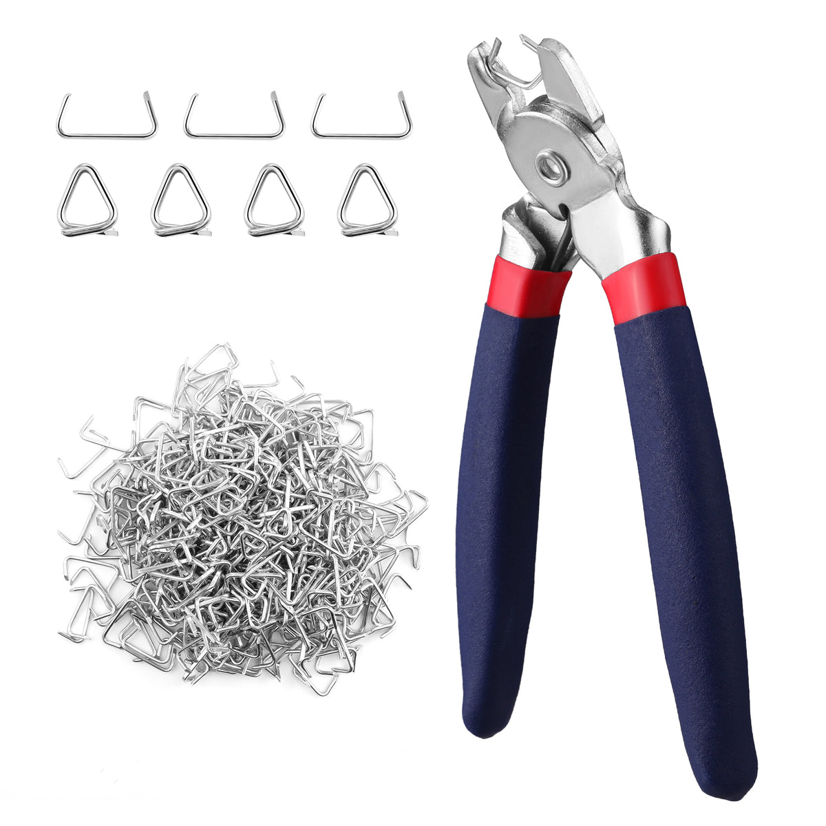 Workpro bent hog ring pliers with hardened Cr-V steel construction, blue and red handles, and confined space access.