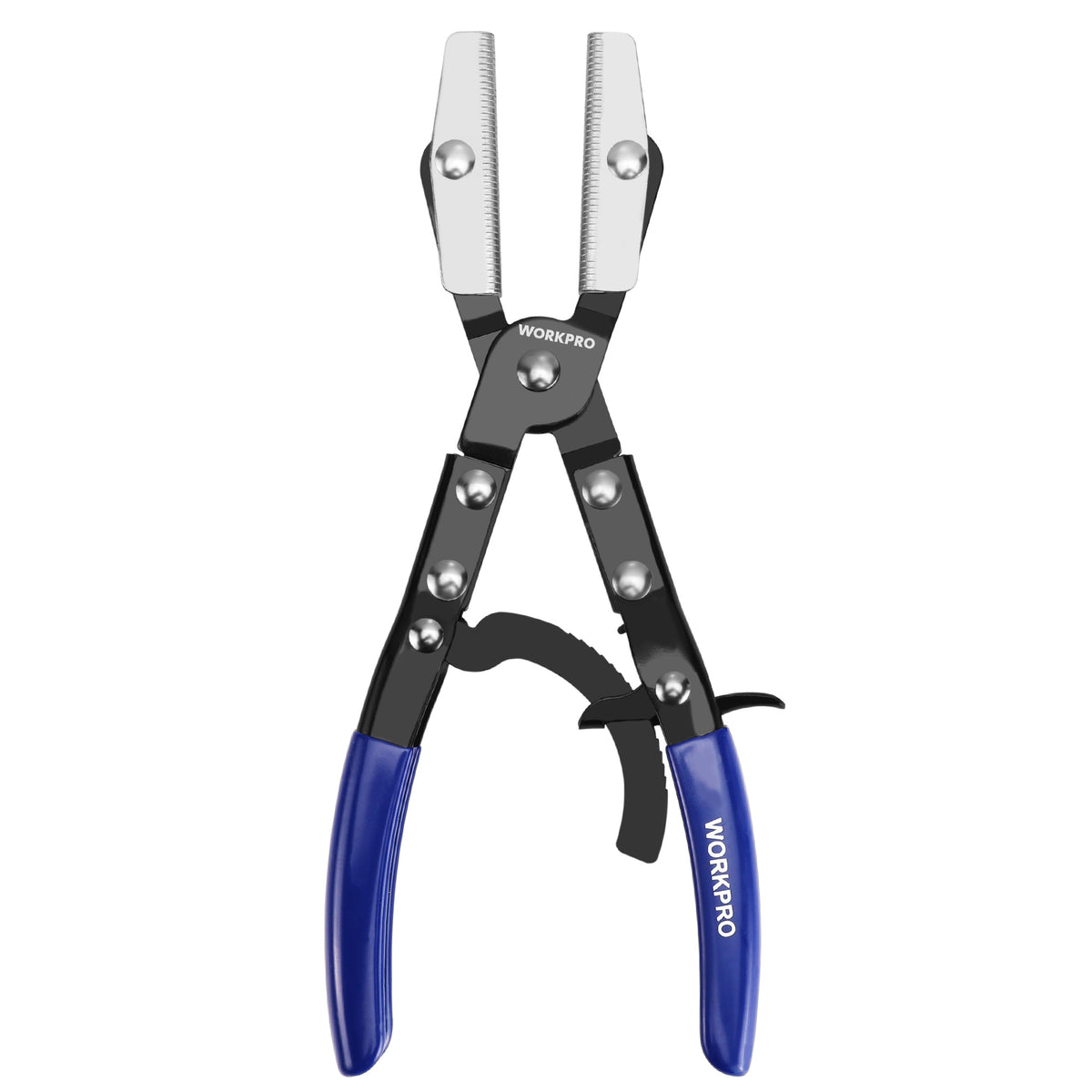 WORKPRO hose pinch-off pliers, closed view, with serrated jaws and blue handles