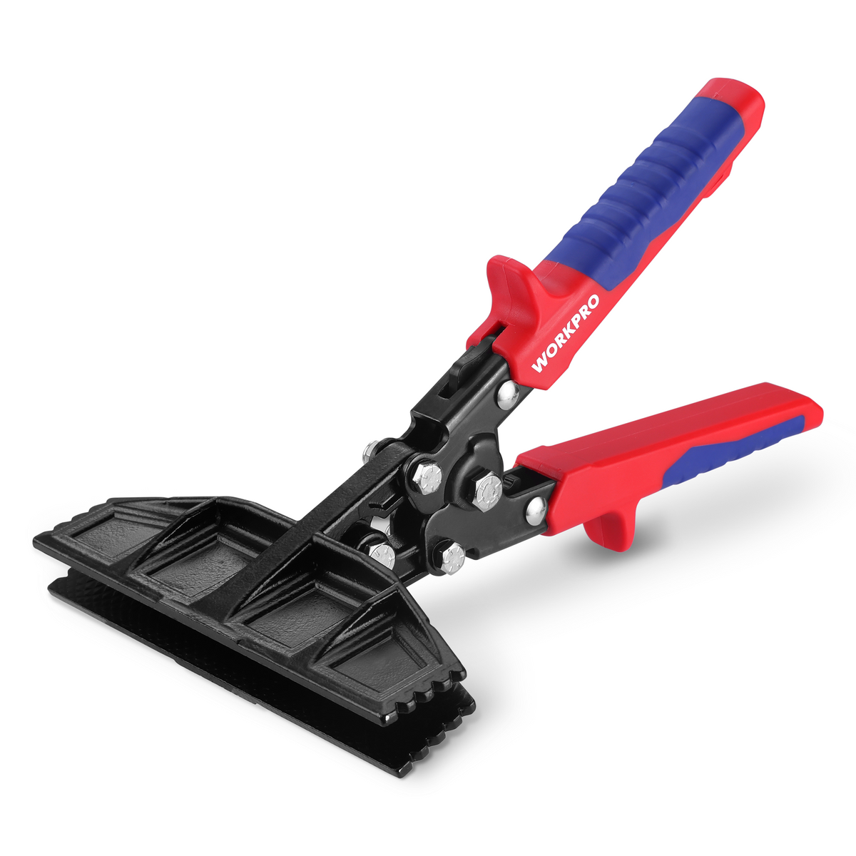 Workpro 6 inch hand seamer tool with red and blue handles and black jaws against a white background.