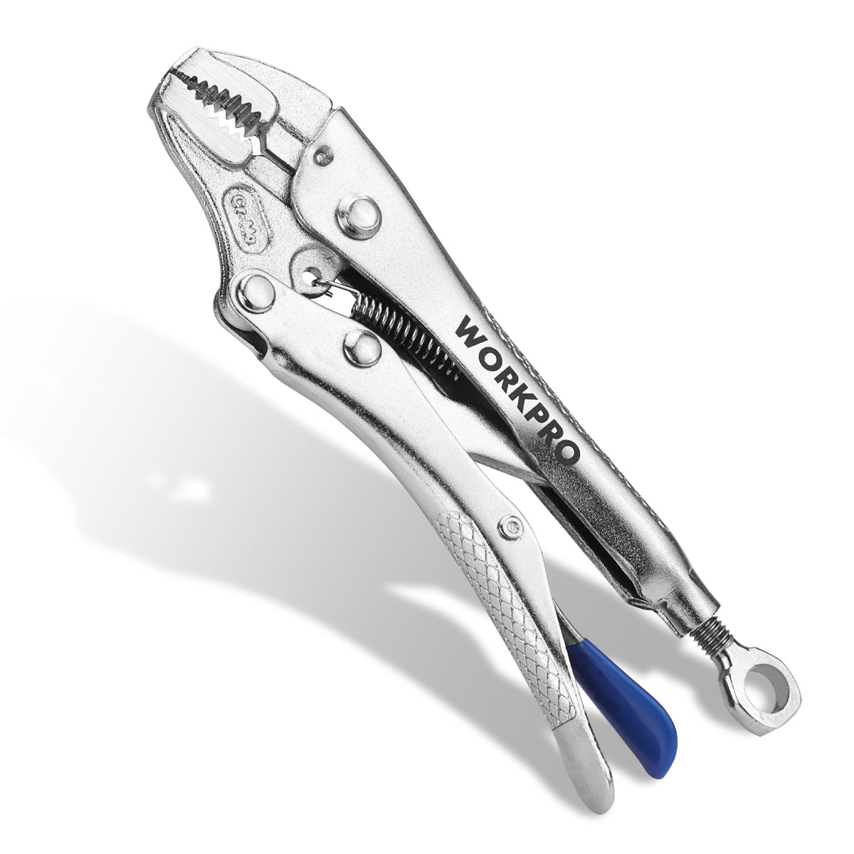 Workpro 5 inch curved jaw locking pliers with screw extractor in silver and a blue release lever for secure clamping.