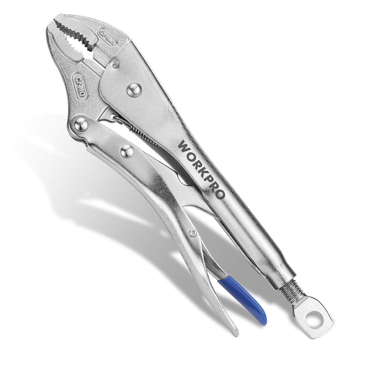 Workpro 10 inch curved jaw locking pliers in a silver finish with blue grip and CR-MO steel construction.
