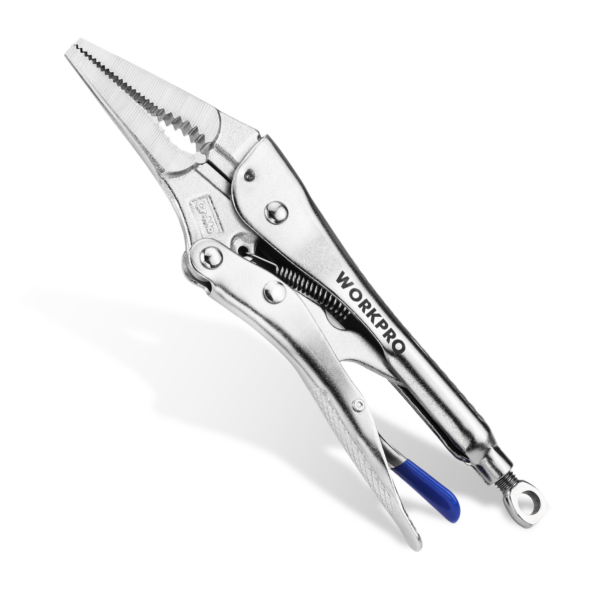 Workpro 9.5 inch long nose locking pliers with serrated jaws and blue release handles for firm metal gripping