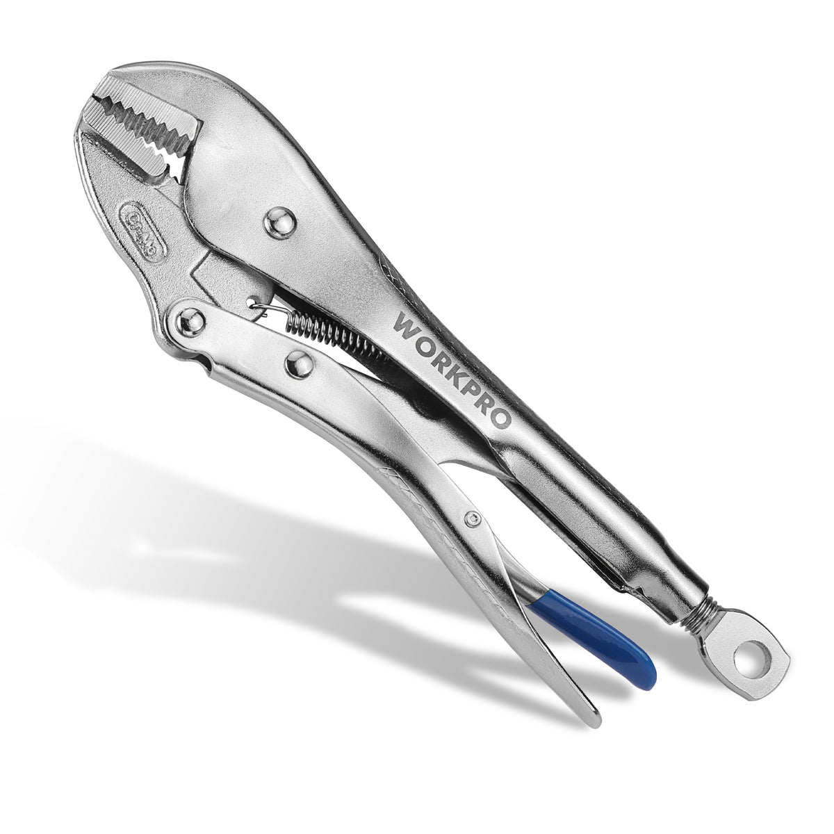 Workpro straight jaw locking pliers in silver finish with serrated gripping jaws and a blue release lever.
