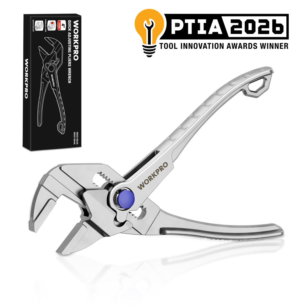Workpro 4 inch mini adjustable pliers wrench in silver with heat-treated steel and visible innovation award branding.