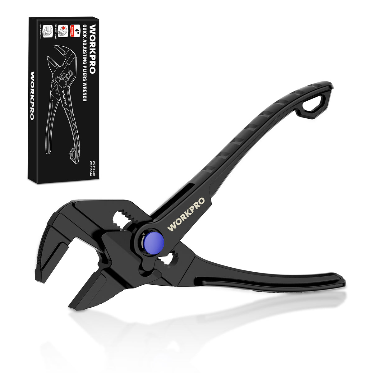 Workpro 4 inch mini adjustable pliers wrench in black with heat-treated steel and phosphate finish for tight-space repairs.