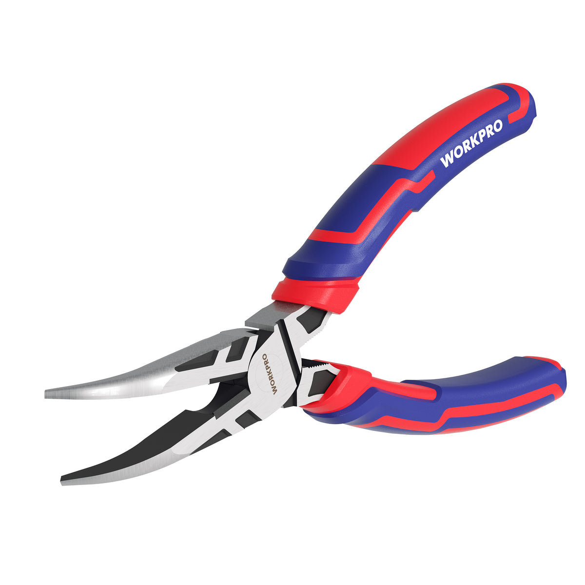 Workpro bent needle nose pliers in red and blue with curved jaws and contoured handles for secure handling.