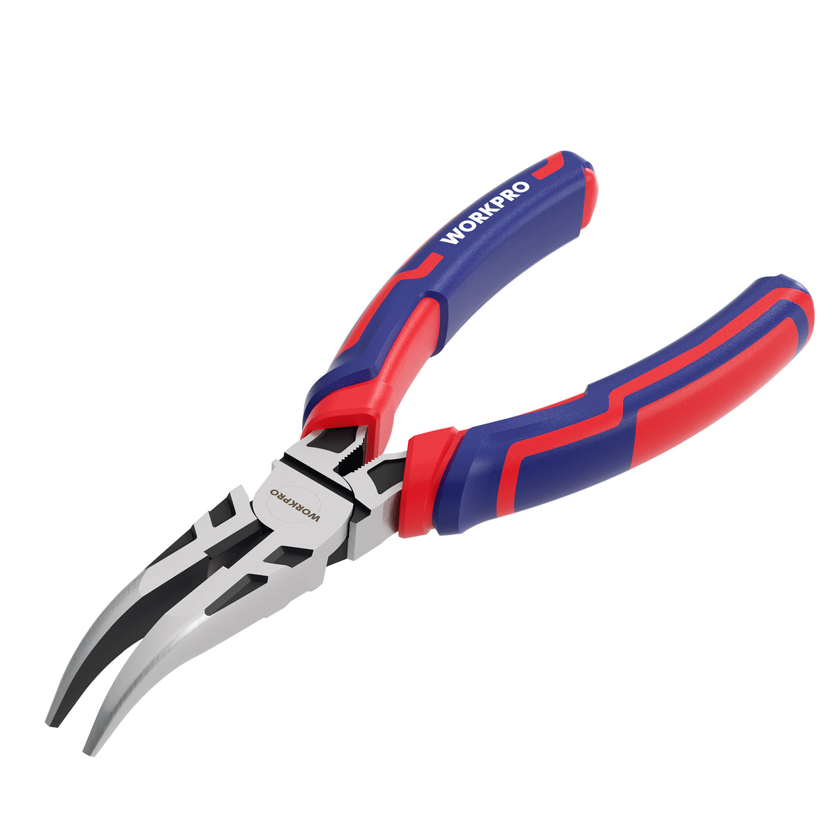Workpro 6 inch bent needle nose pliers with smooth jaws in red and blue, featuring curved metal tips