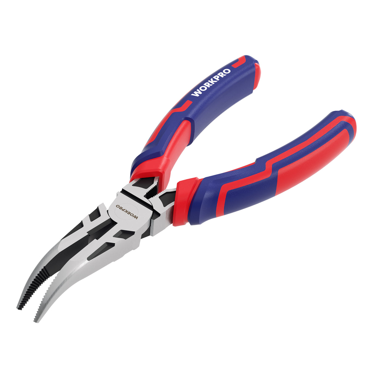 Workpro bent needle nose pliers in red and blue, shown diagonally with exposed metal jaws and textured handles.