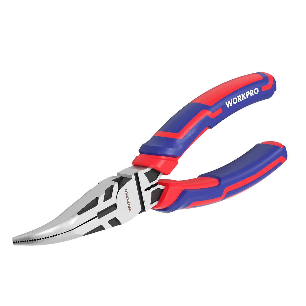 Workpro bent needle nose pliers for precision paper clamping with red and blue handles and silver jaws