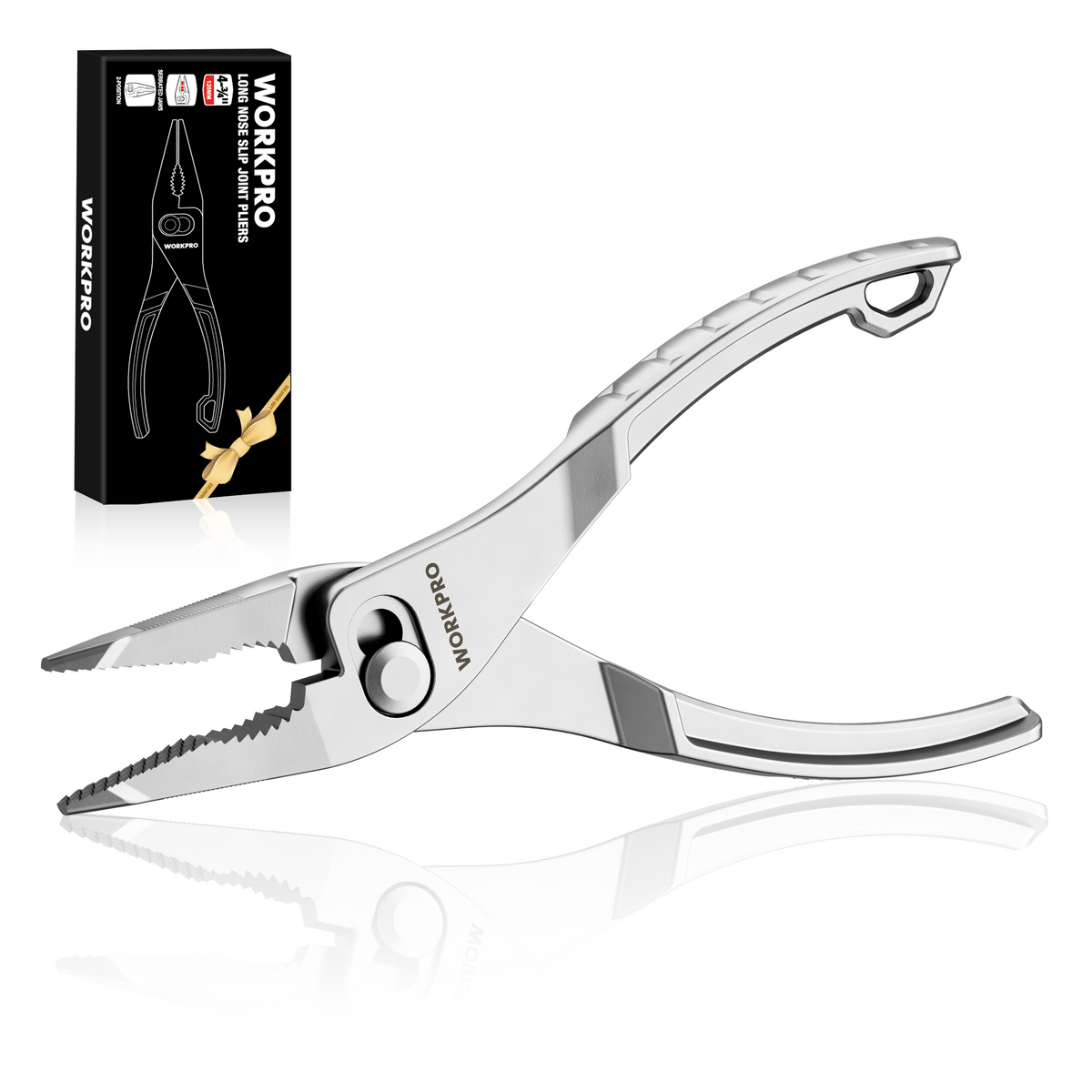 Workpro 4.5 inch long nose slip joint pliers in silver with cross-serrated gripping jaws for precise clamping.