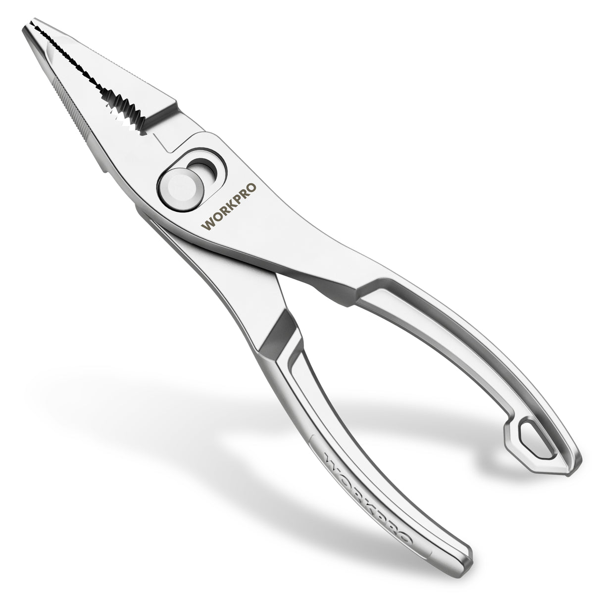 Workpro 4.5 inch long nose slip joint pliers with plated steel and cross-serrated gripping jaws
