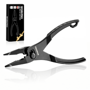 Workpro 4.5 inch long nose slip joint pliers in black with heat-treated steel and a plated surface.