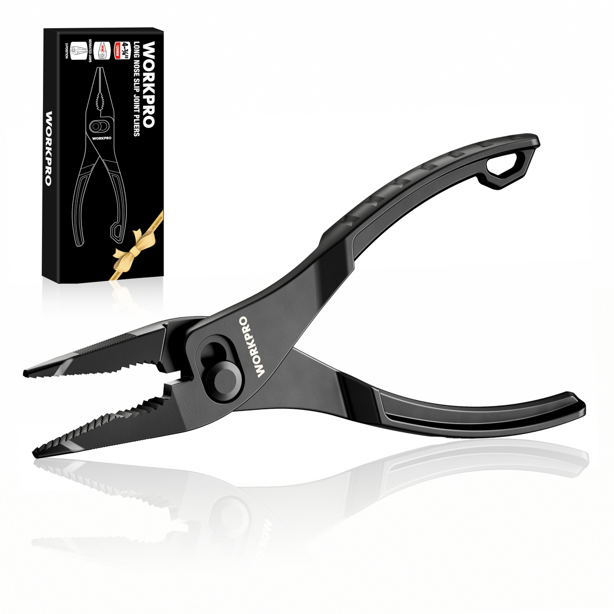 Workpro 4.5 inch long nose slip joint pliers in black with heat-treated steel and a plated surface.