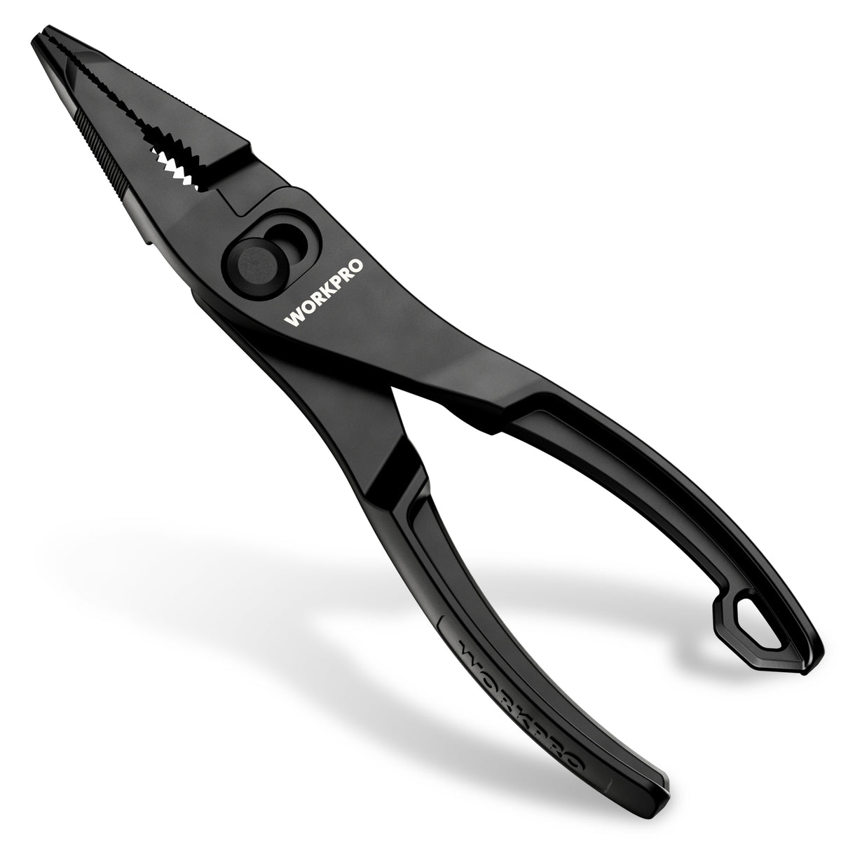 Workpro 4.5 inch long nose slip joint pliers in black with cross-serrated gripping jaws for narrow spaces.