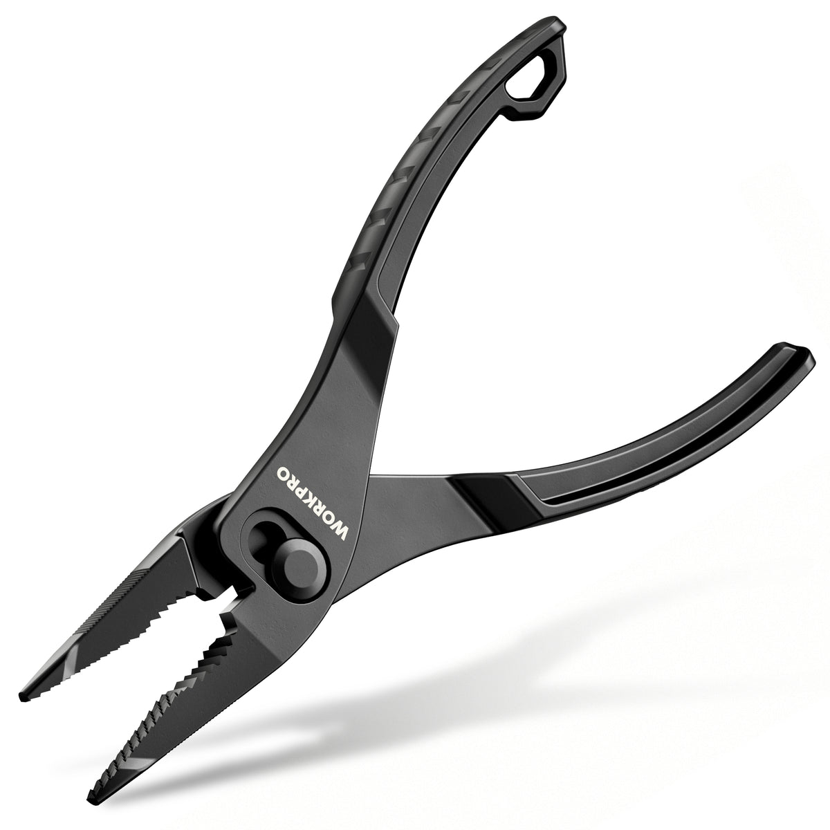 Workpro 4.5 inch long nose slip joint pliers in black with cross-serrated gripping jaws and curved handles
