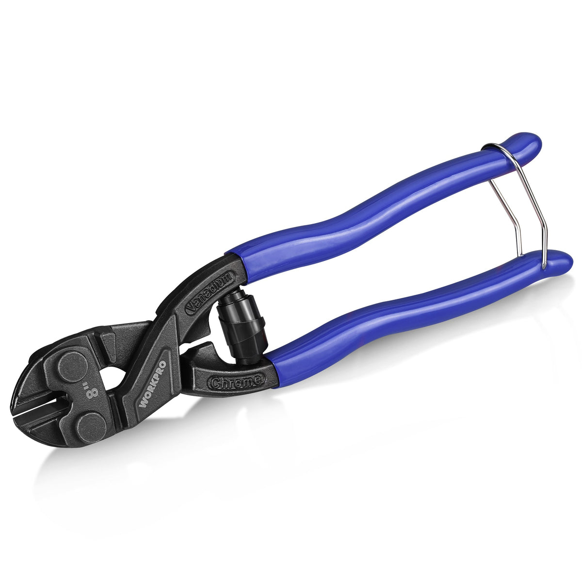 Workpro 8 inch mini bolt cutter in blue with soft-grip handles, designed for cutting bolts and metal