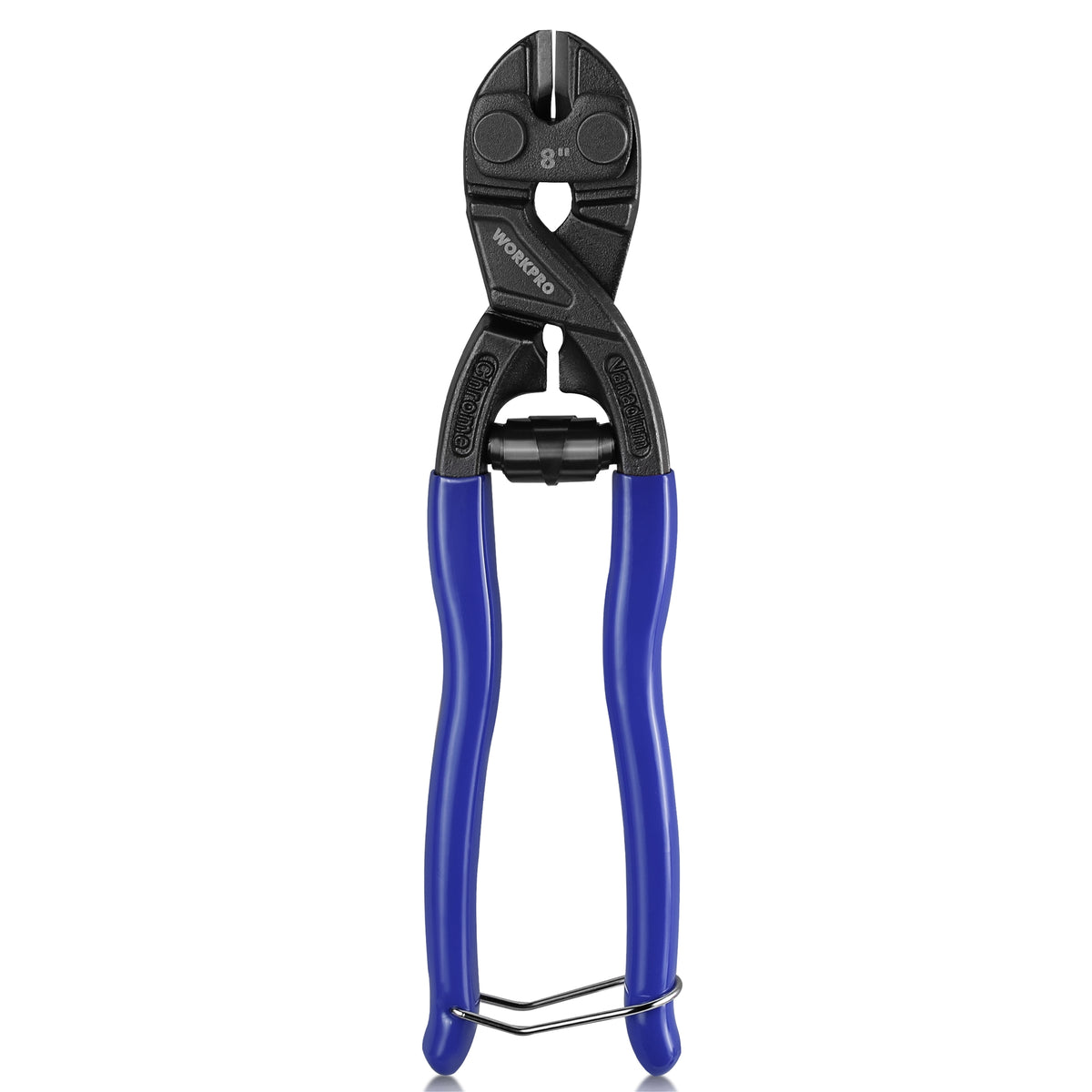 Workpro 8 inch mini bolt cutter with recess and spring, blue, featuring a high-hardness cutter head and soft-grip handles.