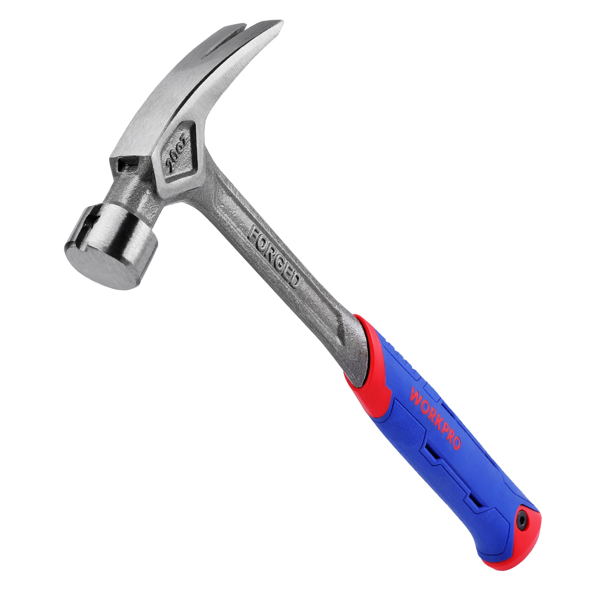 Workpro 20 ounce claw hammer with blue and red handle and one-piece drop-forged carbon steel construction.