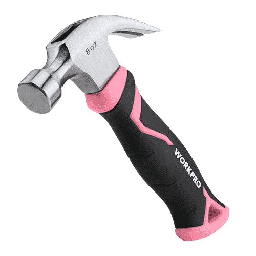 Metal hammer with pink grips, innovation and quality details on a black handle