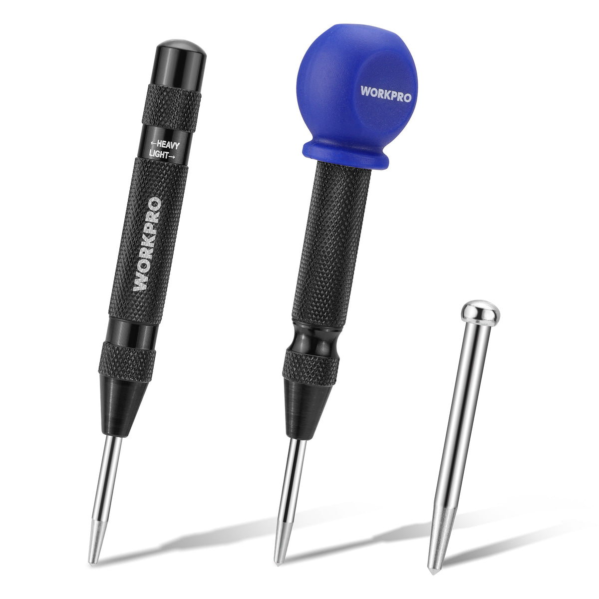 Automatic center punch set with blue top and black knurled grip, plus spare steel tip