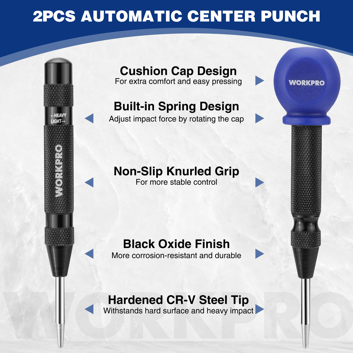Automatic center punch pair with non-slip knurled grips and hardened steel tips