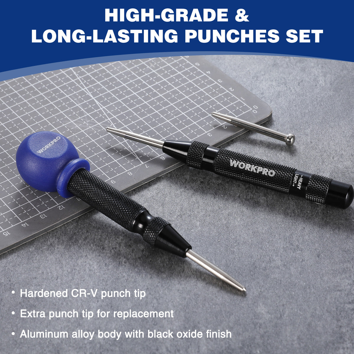 Automatic center punch set with blue caps, black textured handles, and steel punch points