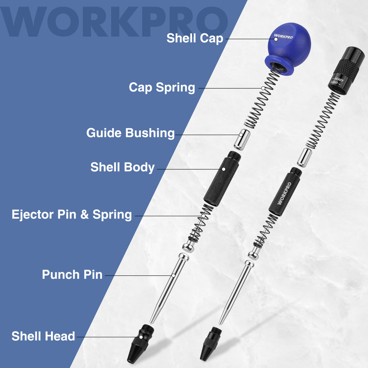 Exploded view of automatic center punch parts with shell body, spring, and steel punch pin