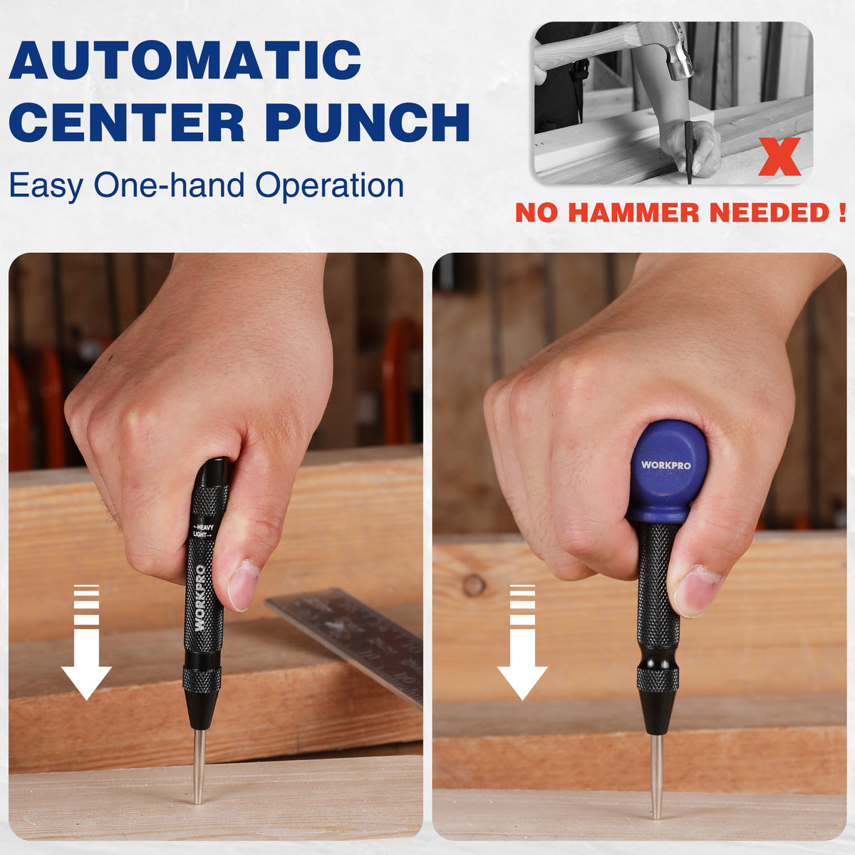 Automatic center punch held in hand, blue cap and steel tip pointed downward