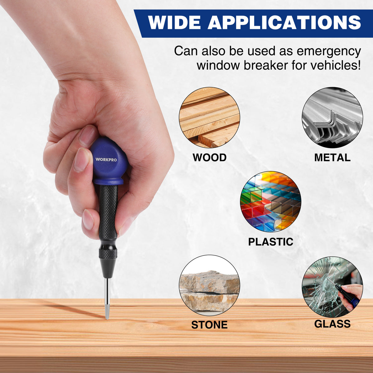 Automatic center punch with blue cap and steel tip pressed toward a work surface