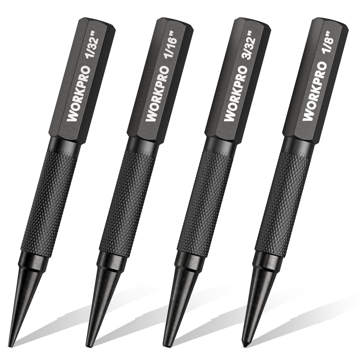 WORKPRO 4-piece nail punch and center punch set, four black pointed tools