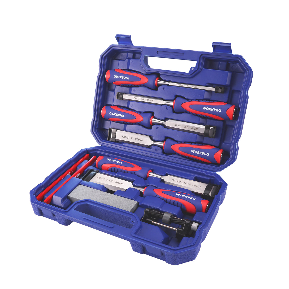 Workpro 10-piece wood chisel set with red and blue handles arranged in an open blue case with molded compartments