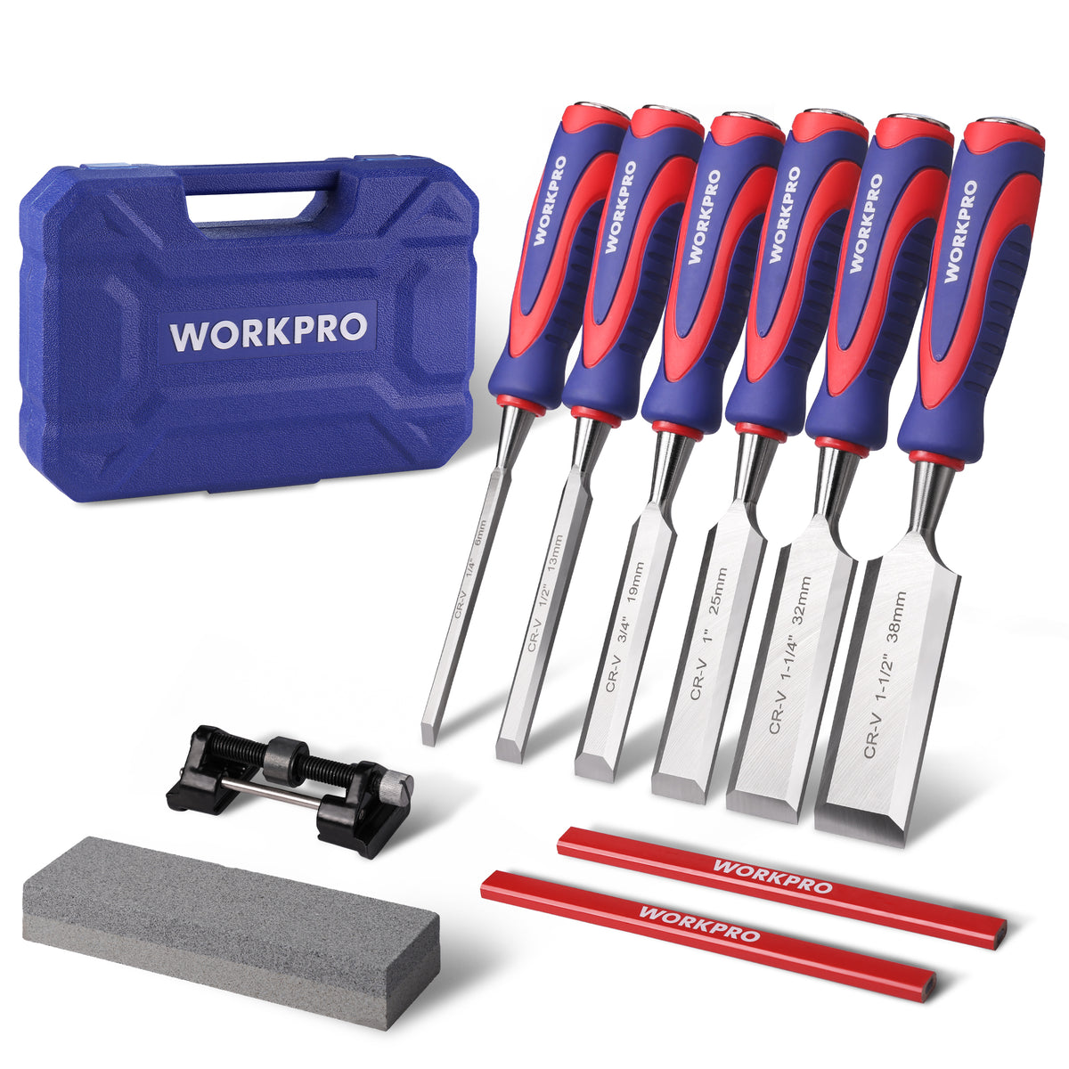 Workpro 10-piece wood chisel set with blue and red handles and a textured blue carrying case