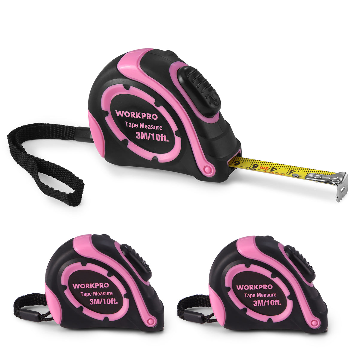 Workpro 3 pack 10 ft tape measures in pink and black, with a yellow extended blade and wrist straps.