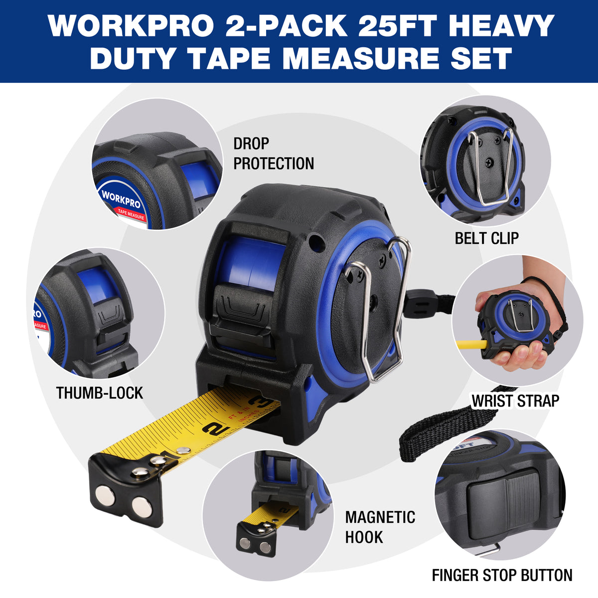 Retractable tape measure set with blue belt clip, wrist strap, thumb-lock and magnetic hook