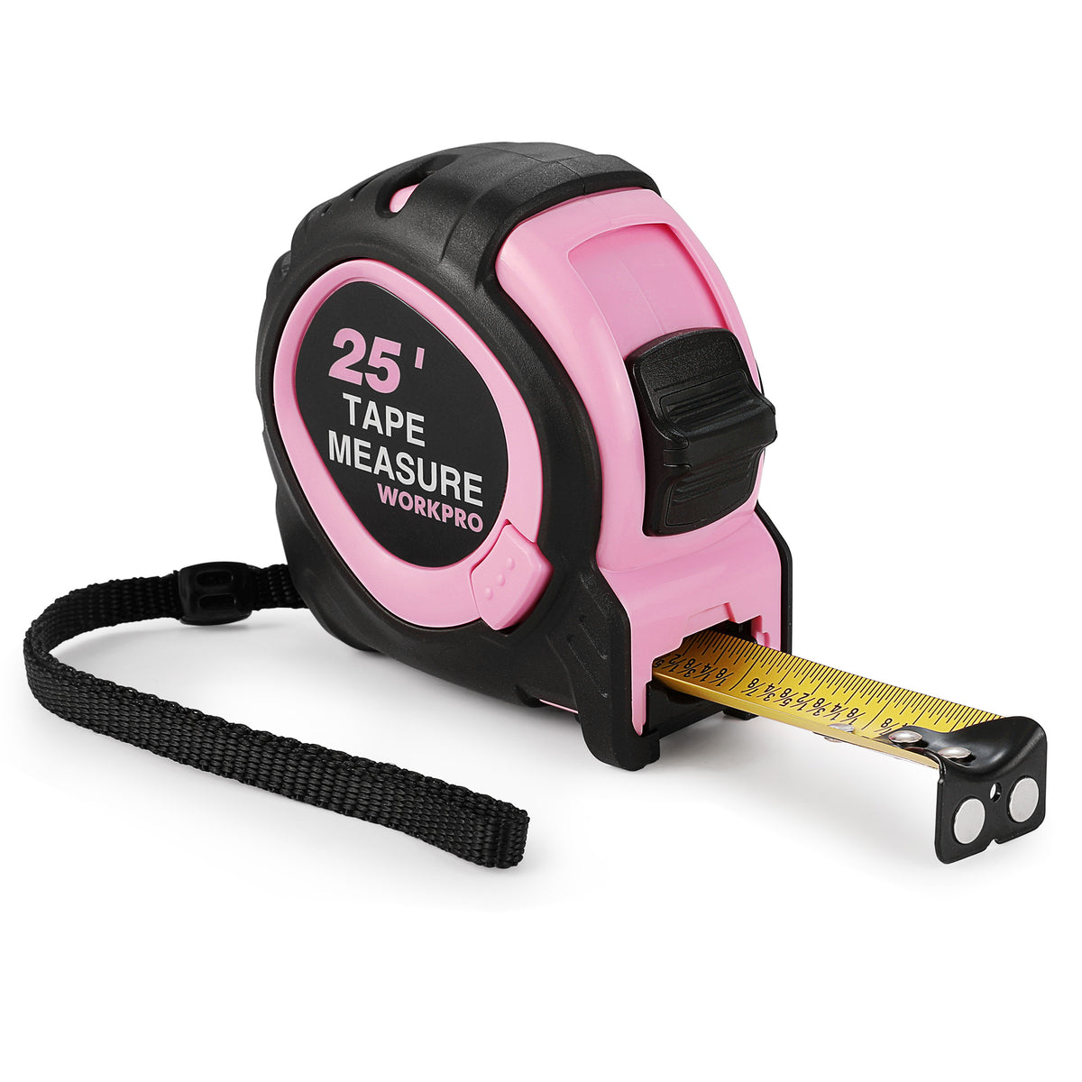 Pink and black retractable tape measure with yellow blade and magnetic hook, 25 ft