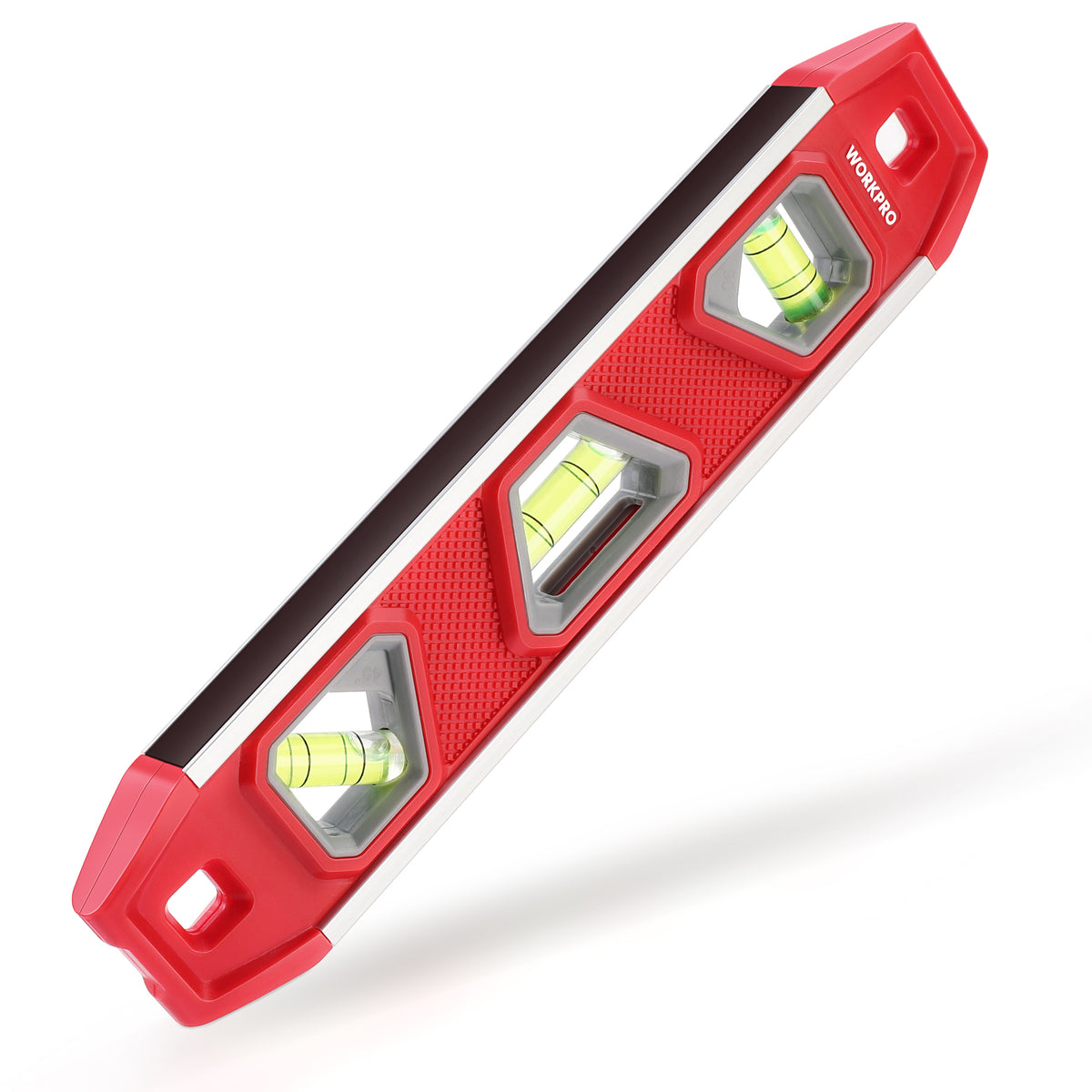 Workpro 9 inch magnetic torpedo level in red with textured grip and clear vial windows for layout work.