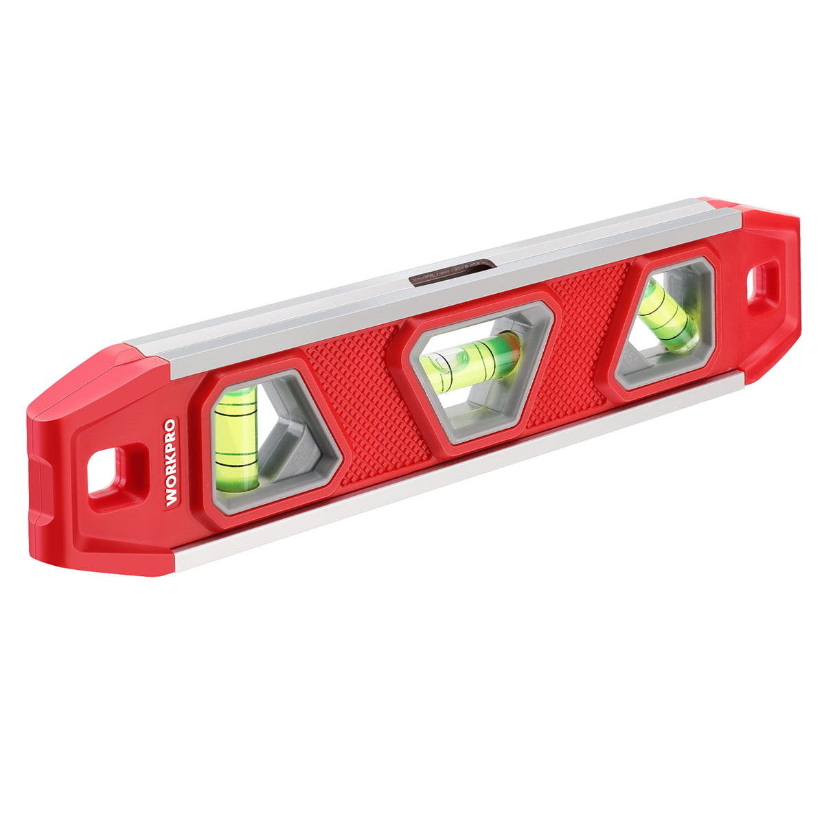 Workpro 9 inch magnetic torpedo level in red with a textured housing and clearly visible bubble vials.