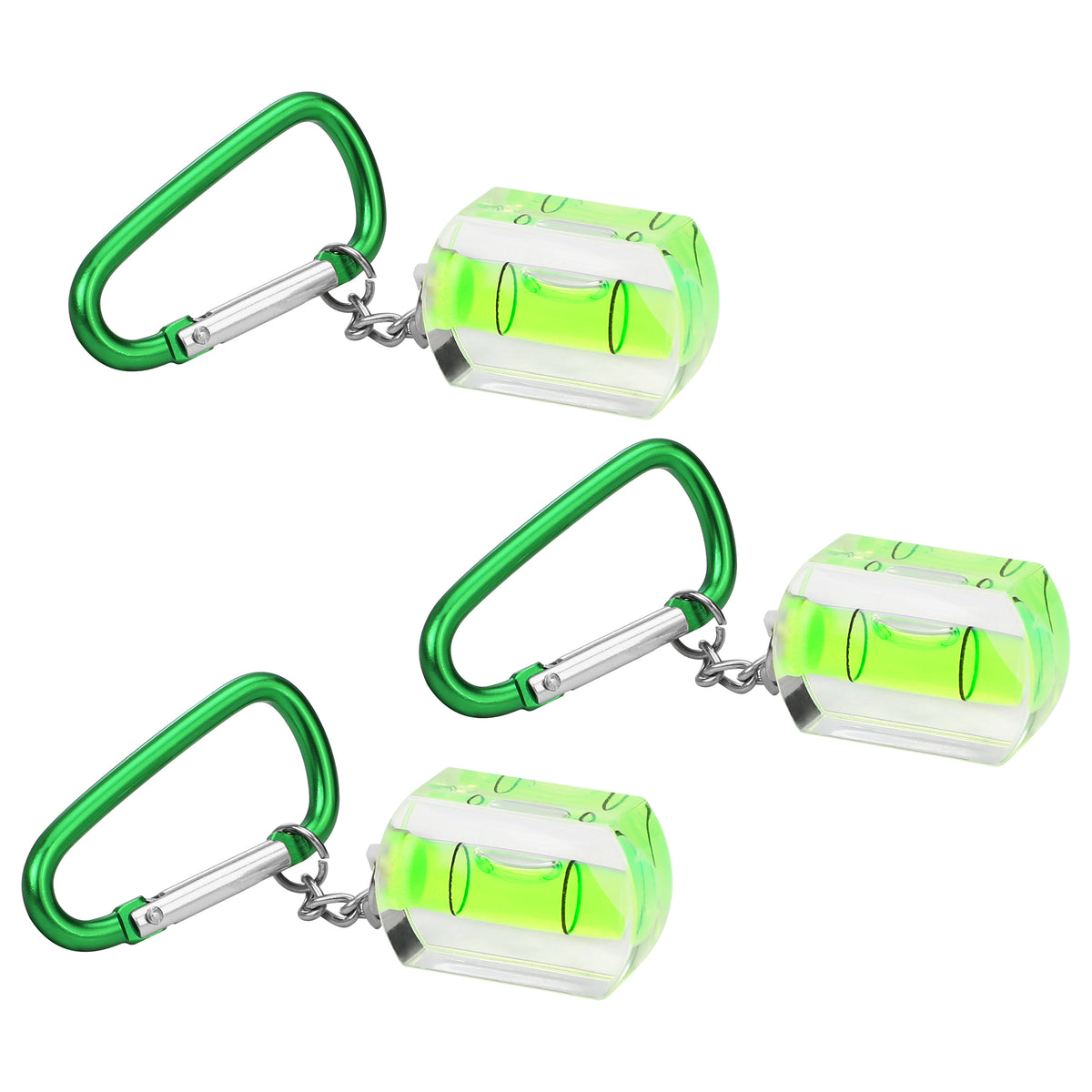 Workpro small bubble level with keychain 3-pack in green, with clear acrylic construction and D-shaped locking buckles.