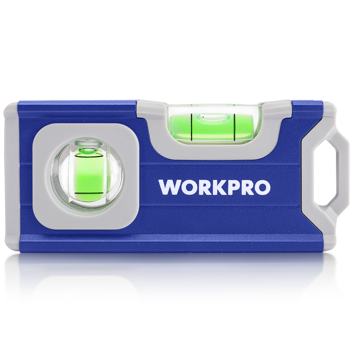 Workpro 4-1/2 inch mini magnetic pocket level in cobalt blue with two horizontal and vertical bubbles