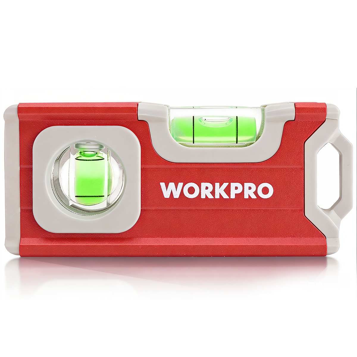 Workpro 4-1/2 inch mini magnetic pocket level in red with two horizontal and vertical bubbles for furniture and wall leveling