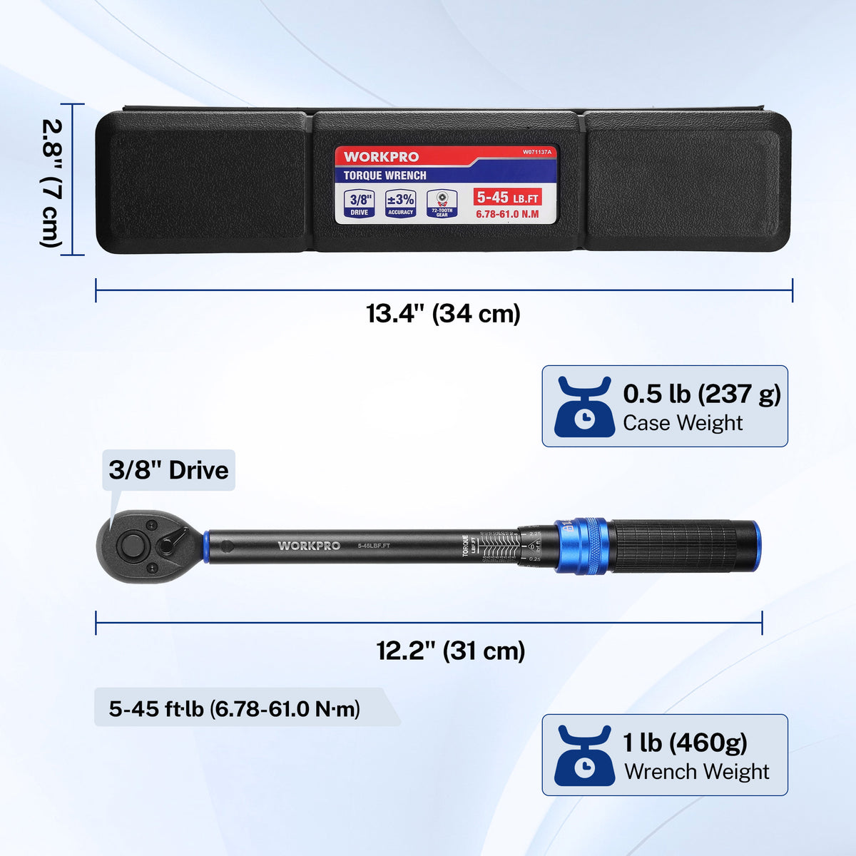 WORKPRO 3/8" Drive Click Torque Wrench, 5-45 ft-lb, ±3% Accuracy