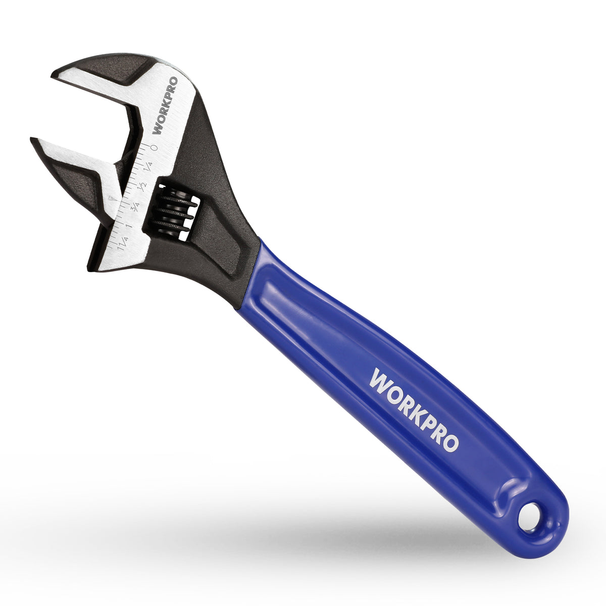 Workpro 10 inch adjustable wrench in blue with a hex jaw design and 1-5/16 inch, 35 mm jaw capacity