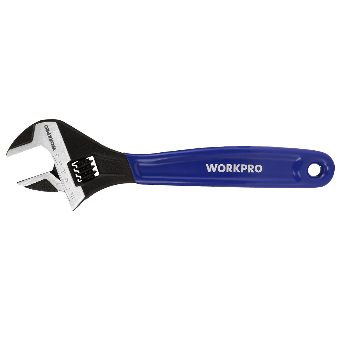Workpro 10 inch adjustable wrench in blue with a hex jaw design for reduced slippage and 1-5/16 inch, 35 mm jaw capacity.
