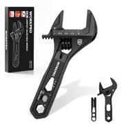 Workpro 4 inch adjustable wrench with wide jaw opening in black and integrated pry bar and hex openings