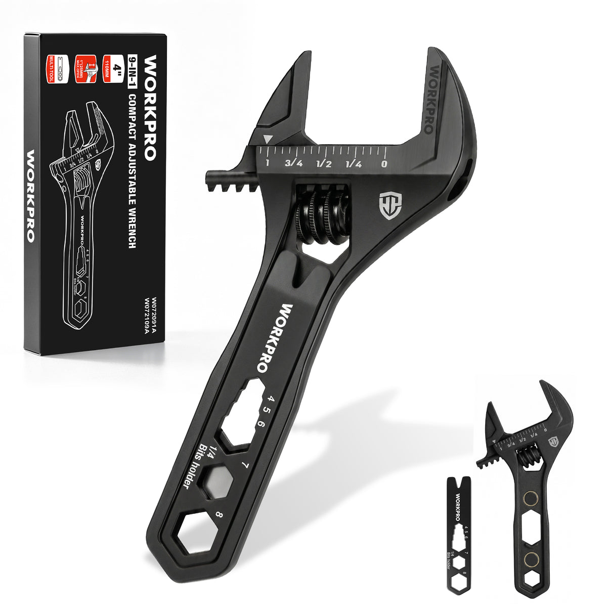 Workpro 4 inch adjustable wrench with wide jaw opening in black and integrated pry bar and hex openings
