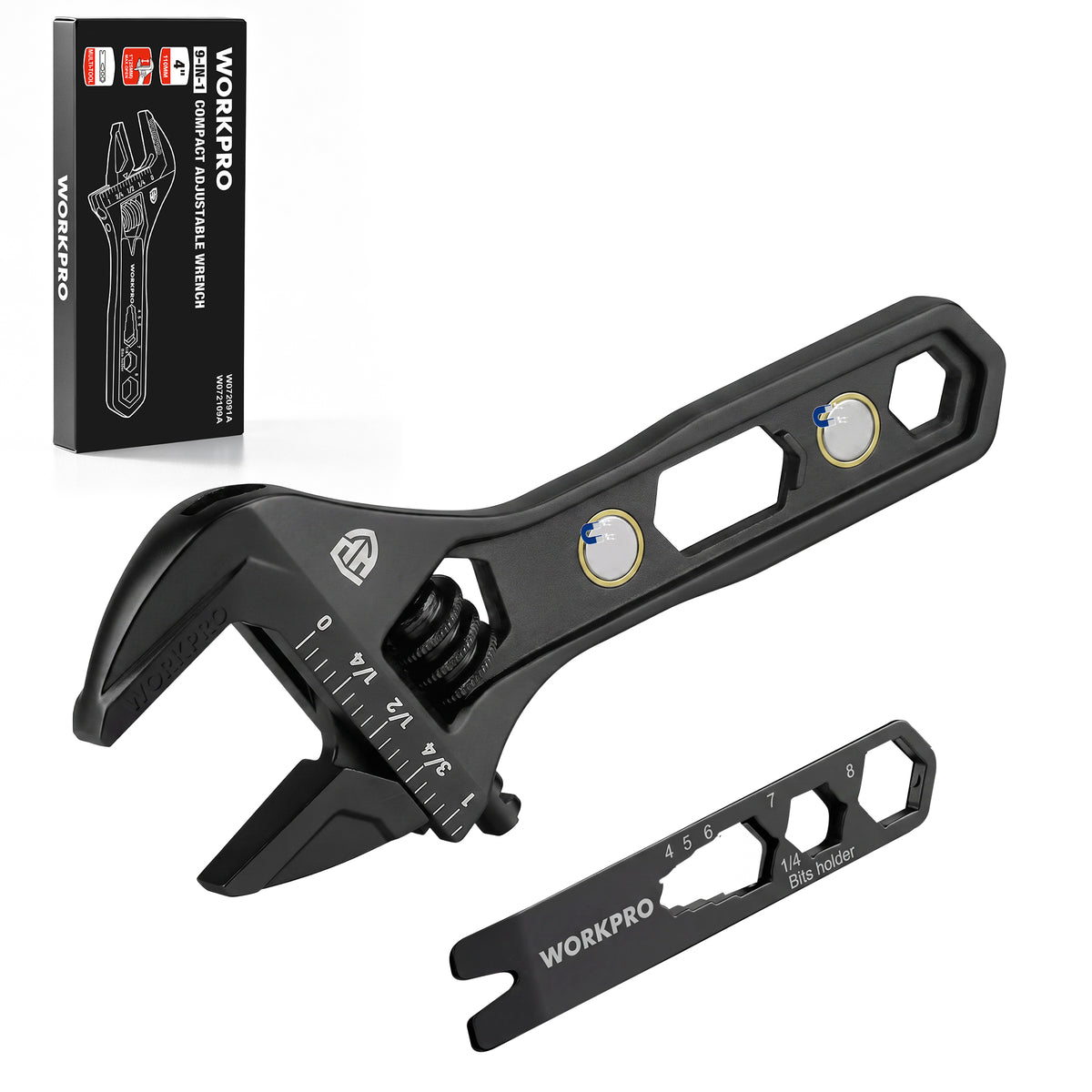 Workpro adjustable wrench multitool with wide jaw opening in black, featuring an integrated pry bar and hex openings