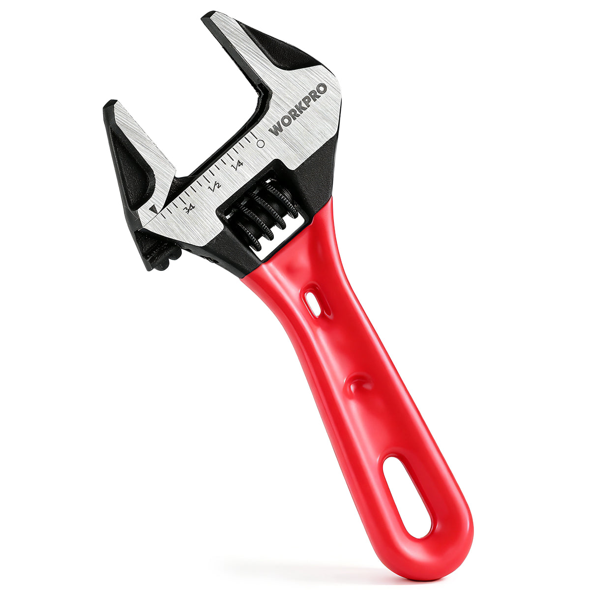 Workpro 4 inch stubby adjustable wrench with a red hollowed-out compact handle and visible metric and imperial scales.