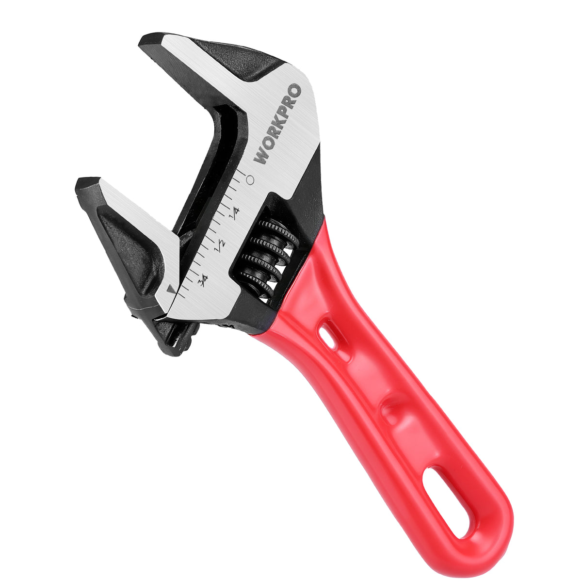 Workpro 4 inch stubby adjustable wrench in red with Cr-V steel and black oxide finish for confined spaces.